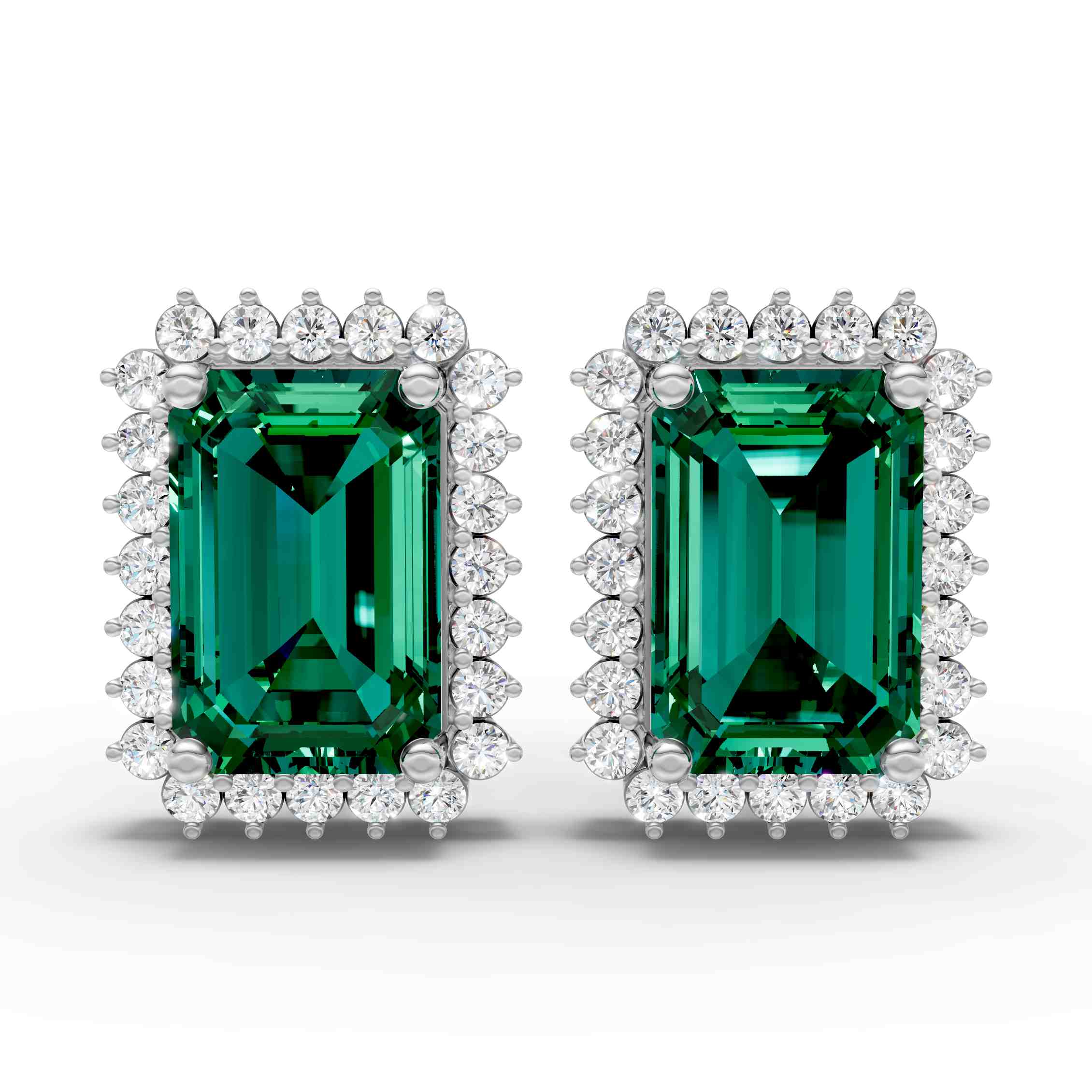 Emerald Cut Green Gemstone Halo Stud Earrings